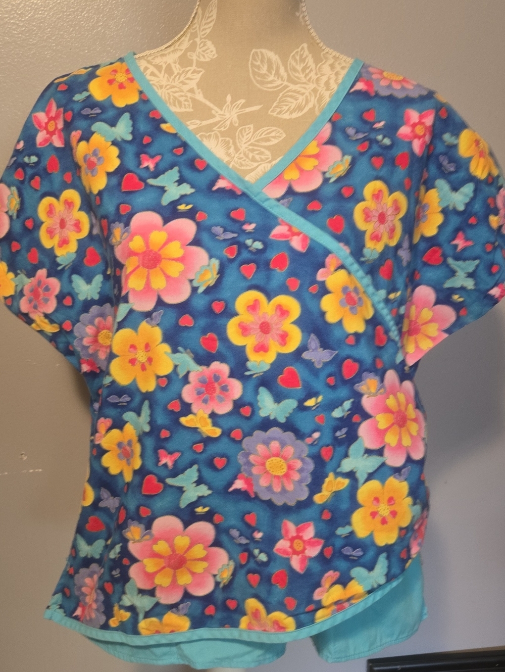 Crest Blue Floral Butterfly Scrub Top